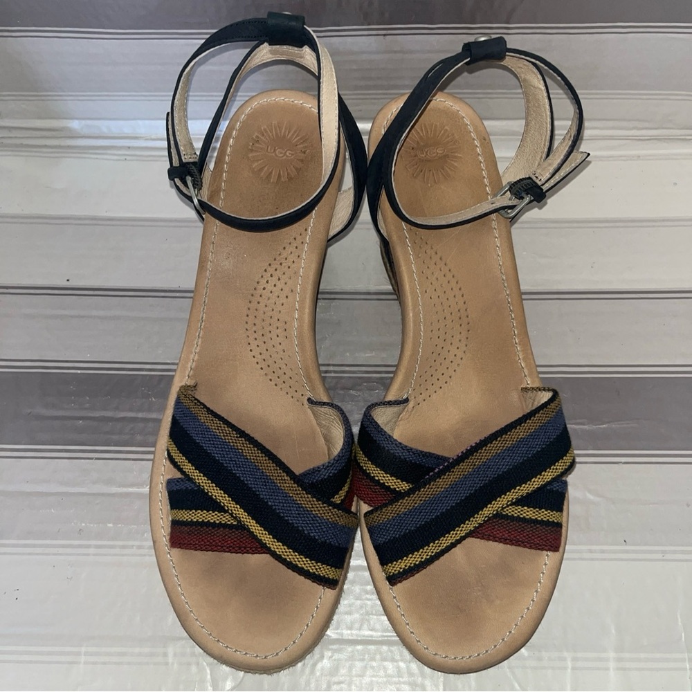 UGG Sandals Womens 9.5 Nyssa Espadrille Ankle Straps Tan Leather Wedge 1003399